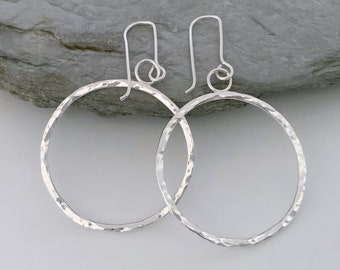 Solid silver hoop earrings, large round hammered silver dangly earrings