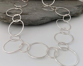 Silver chain necklace with large round links, large links hammered silver necklace, solid silver round links necklace
