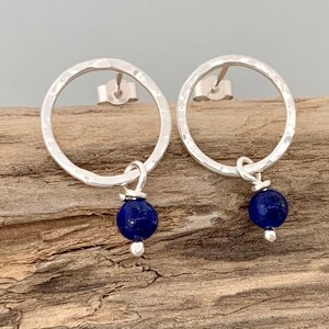 Silver circle stud earrings with Lapis Lazuli beads, open circle earrings, hammered silver earrings, Bright blue Lapis Lazuli earrings image 3