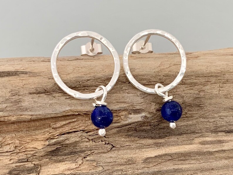 Silver circle stud earrings with Lapis Lazuli beads, open circle earrings, hammered silver earrings, Bright blue Lapis Lazuli earrings image 3