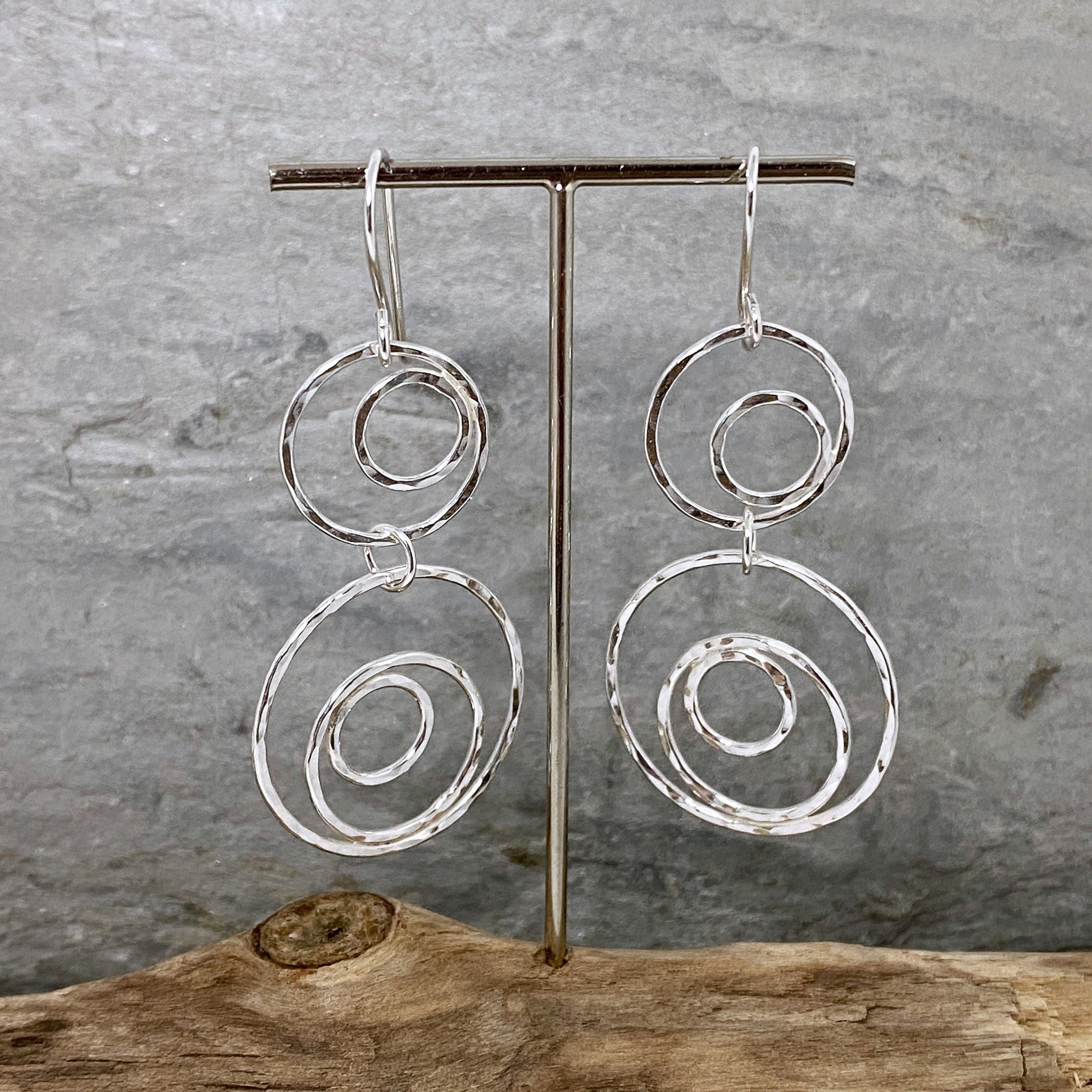 Silver Circles Earrings, Solid Silver Handmade Earrings Made From Hammered Circles, Bold Yet Elegant Jewellery, Unique Jewellery