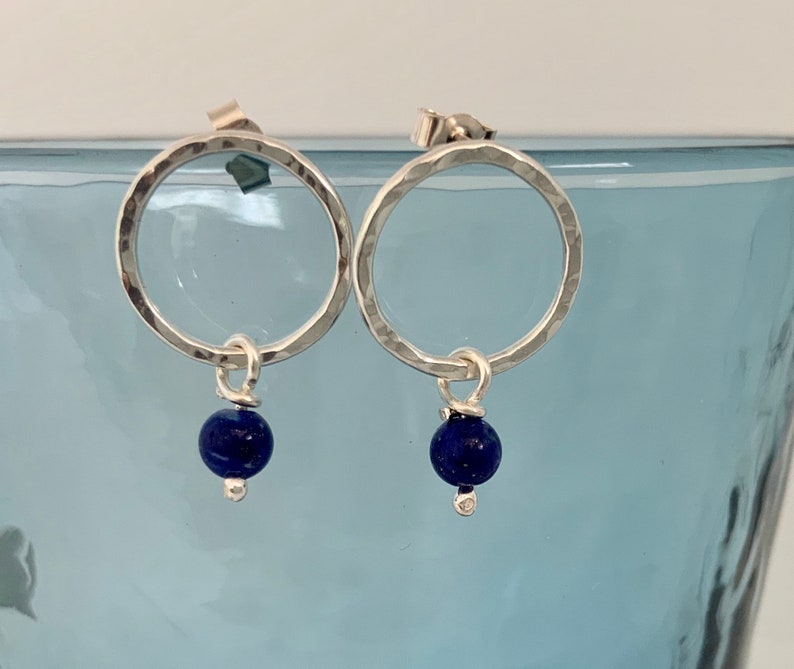 Silver circle stud earrings with Lapis Lazuli beads, open circle earrings, hammered silver earrings, Bright blue Lapis Lazuli earrings image 6