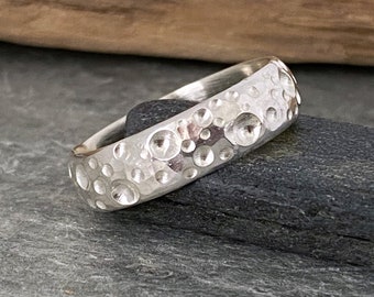 Hammered silver ring band with heavy texture, wide silver ring, silver thumb ring, patterned silver ring, wedding ring, ladies or men’s ring