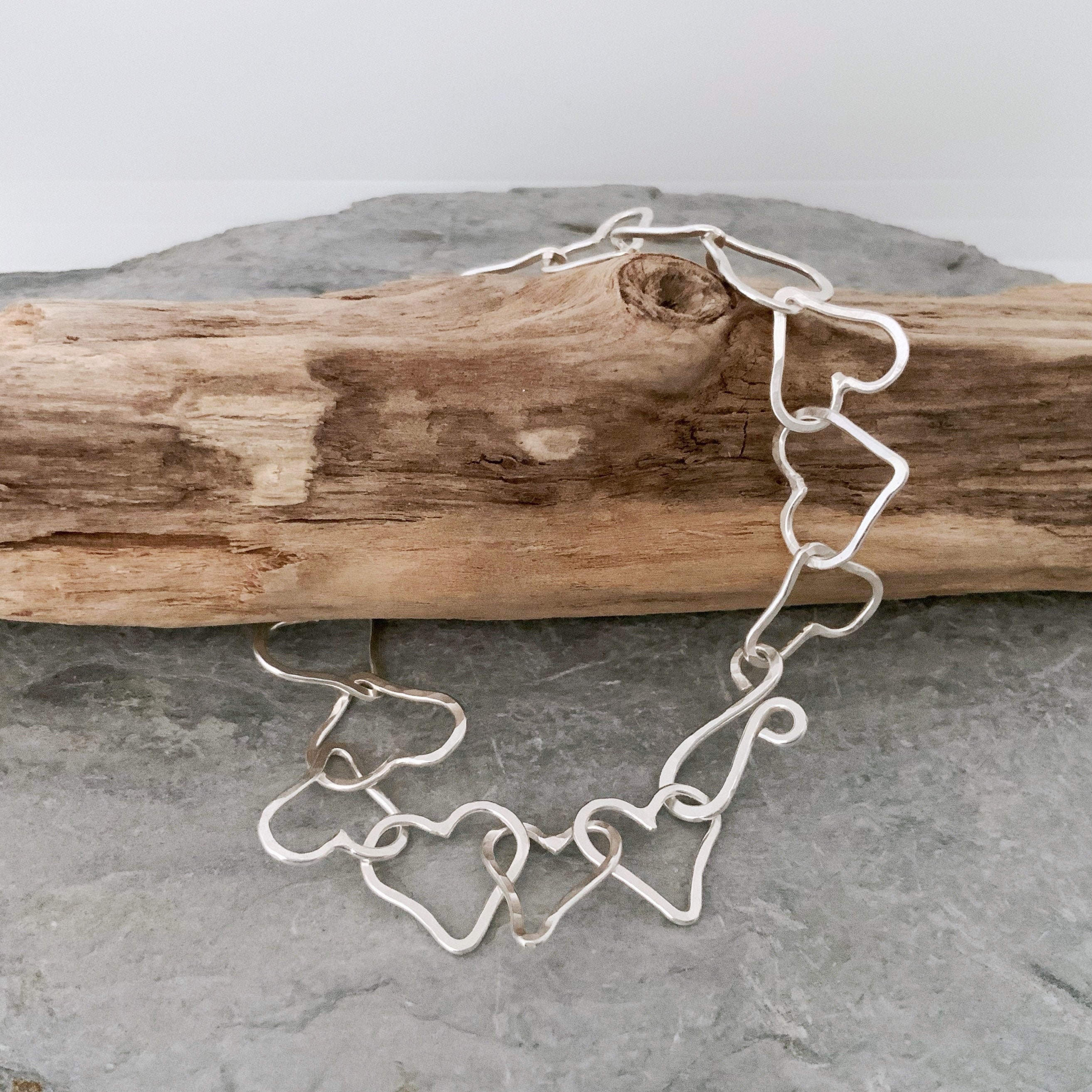 Silver Chain Bracelet, Heart Hammered Bracelet With Hearts, Chain, Valentine’s Day Gift