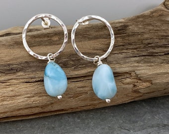 Round silver studs with turquoise Larimar beads dangling below. Blue gemstone earrings. Silver and Larimar earrings. Unique earrings.