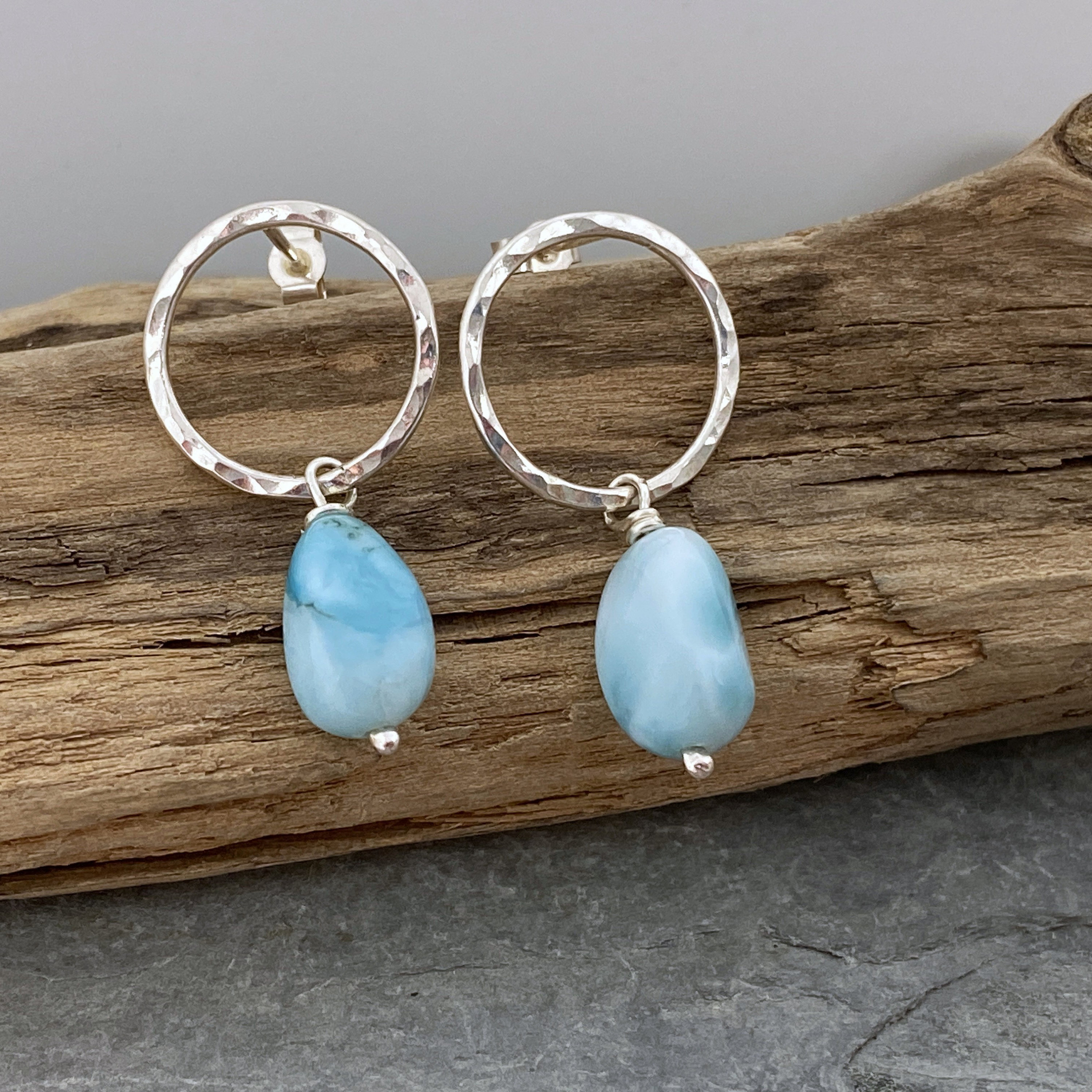 Round Silver Studs With Turquoise Larimar Beads Dangling Below. Blue Gemstone Earrings. Silver & Unique