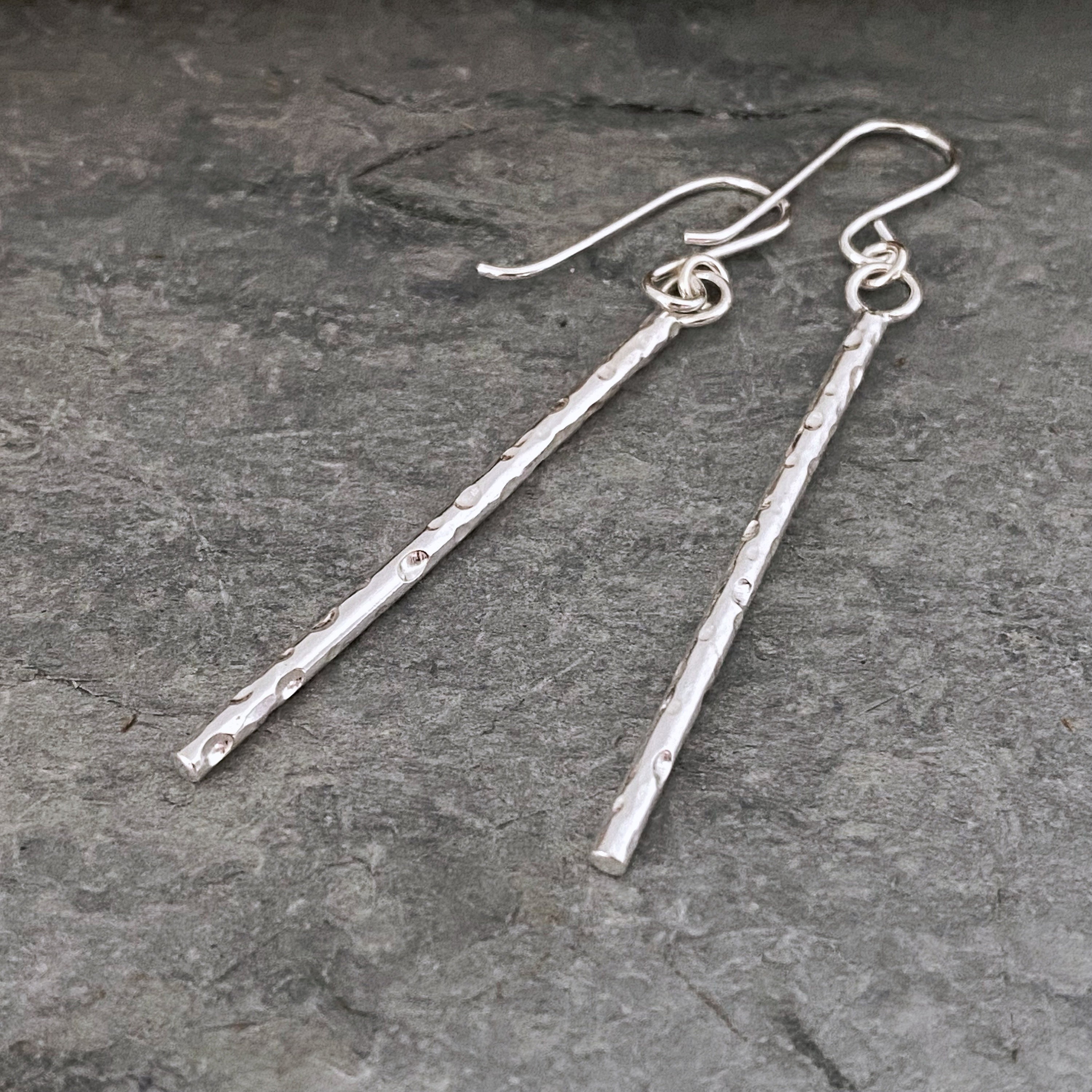 Long Dangly Silver Stick Earrings, Hammered Bar Modern Patterned Earrings