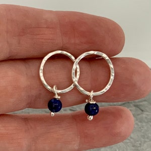 Silver circle stud earrings with Lapis Lazuli beads, open circle earrings, hammered silver earrings, Bright blue Lapis Lazuli earrings image 2