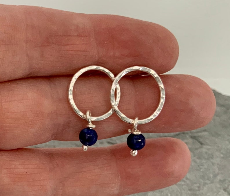 Silver circle stud earrings with Lapis Lazuli beads, open circle earrings, hammered silver earrings, Bright blue Lapis Lazuli earrings image 2