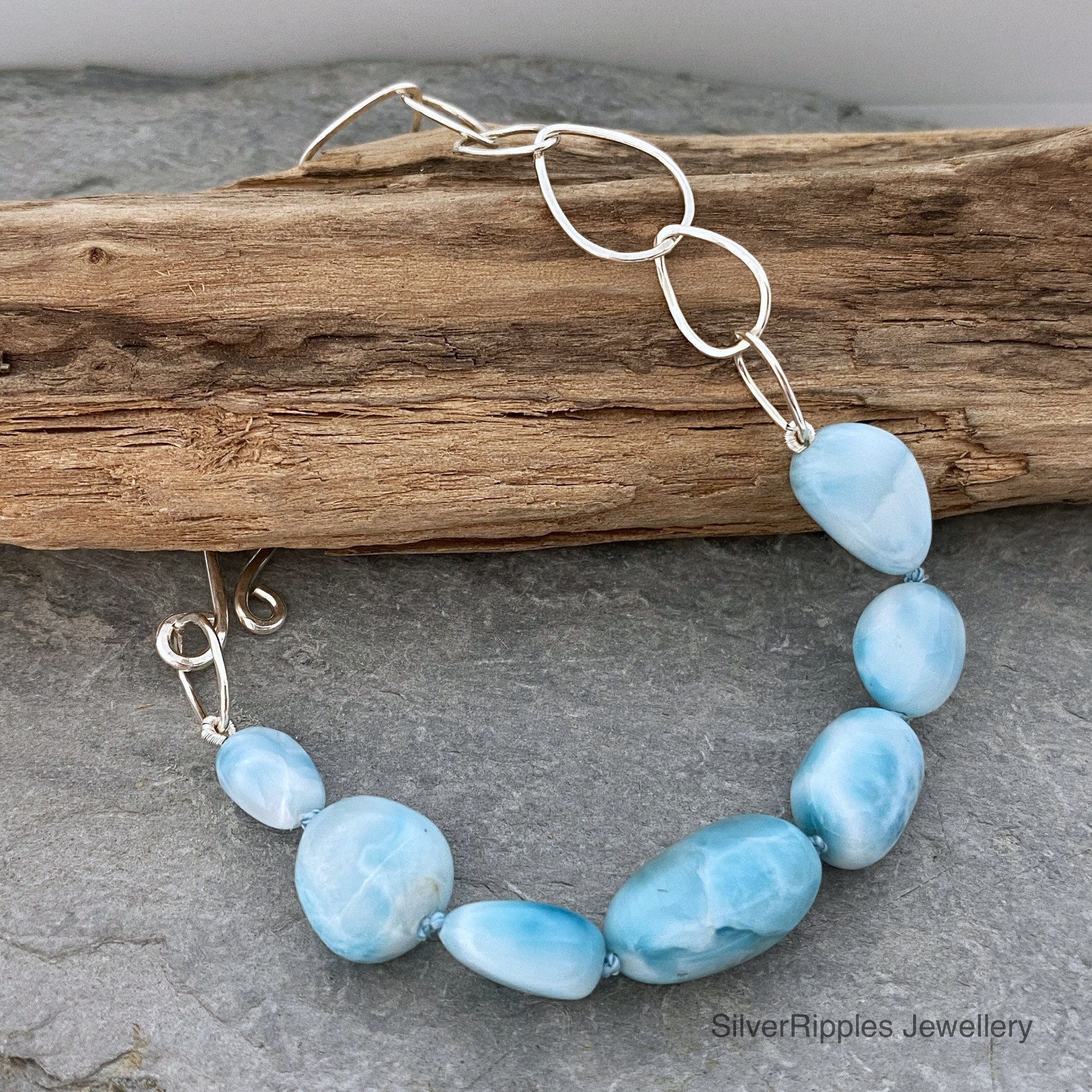 Silver Chain Bracelet With Raindrop Shaped Links & Turquoise Larimar Beads, Silver Links, Handmade