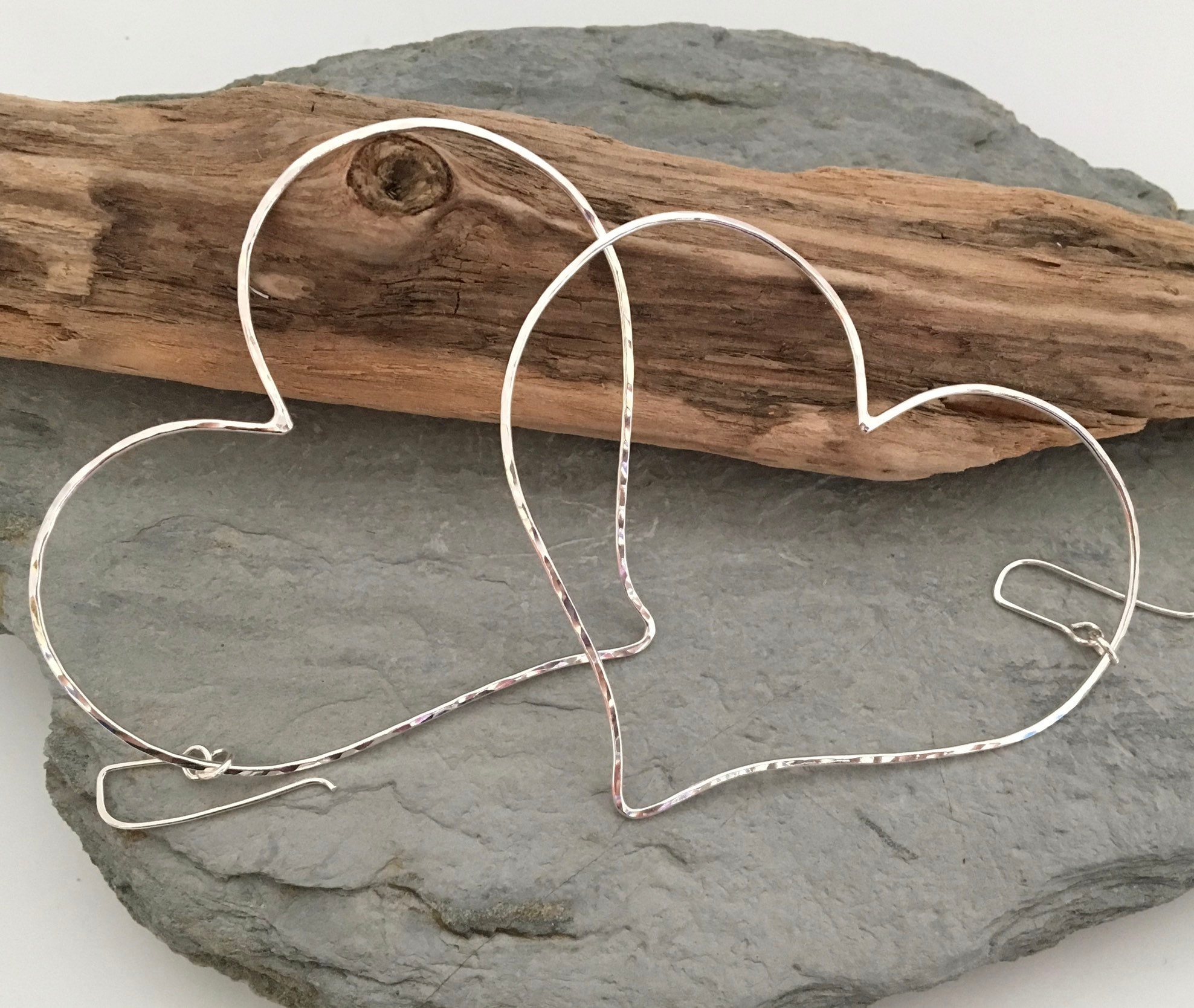 Large Open Heart Earrings, Hammered Silver Hoop Giant Big Hoops, Perfect Valentines Present
