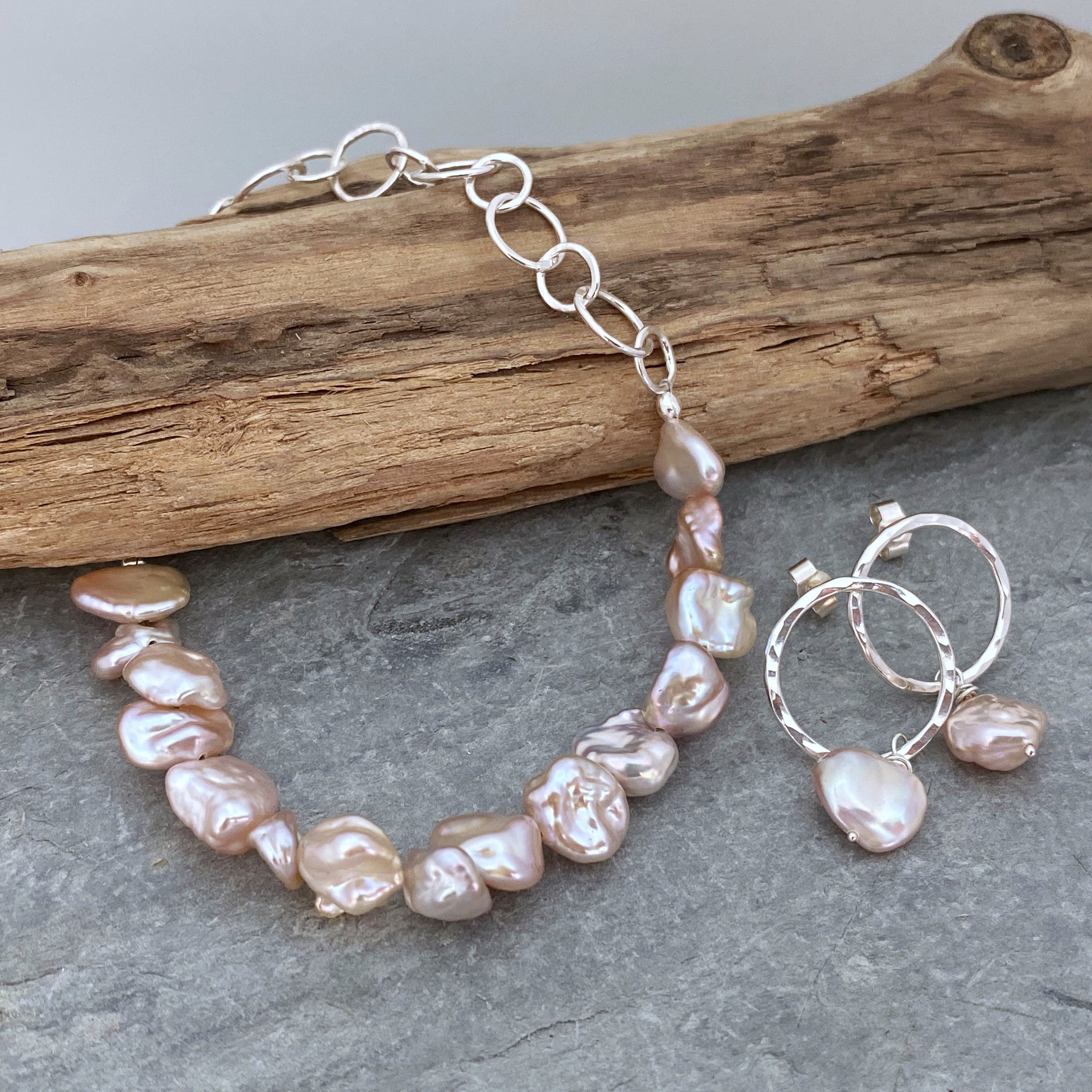 Pink Keshi Pearl & Hammered Silver Chain Bracelet