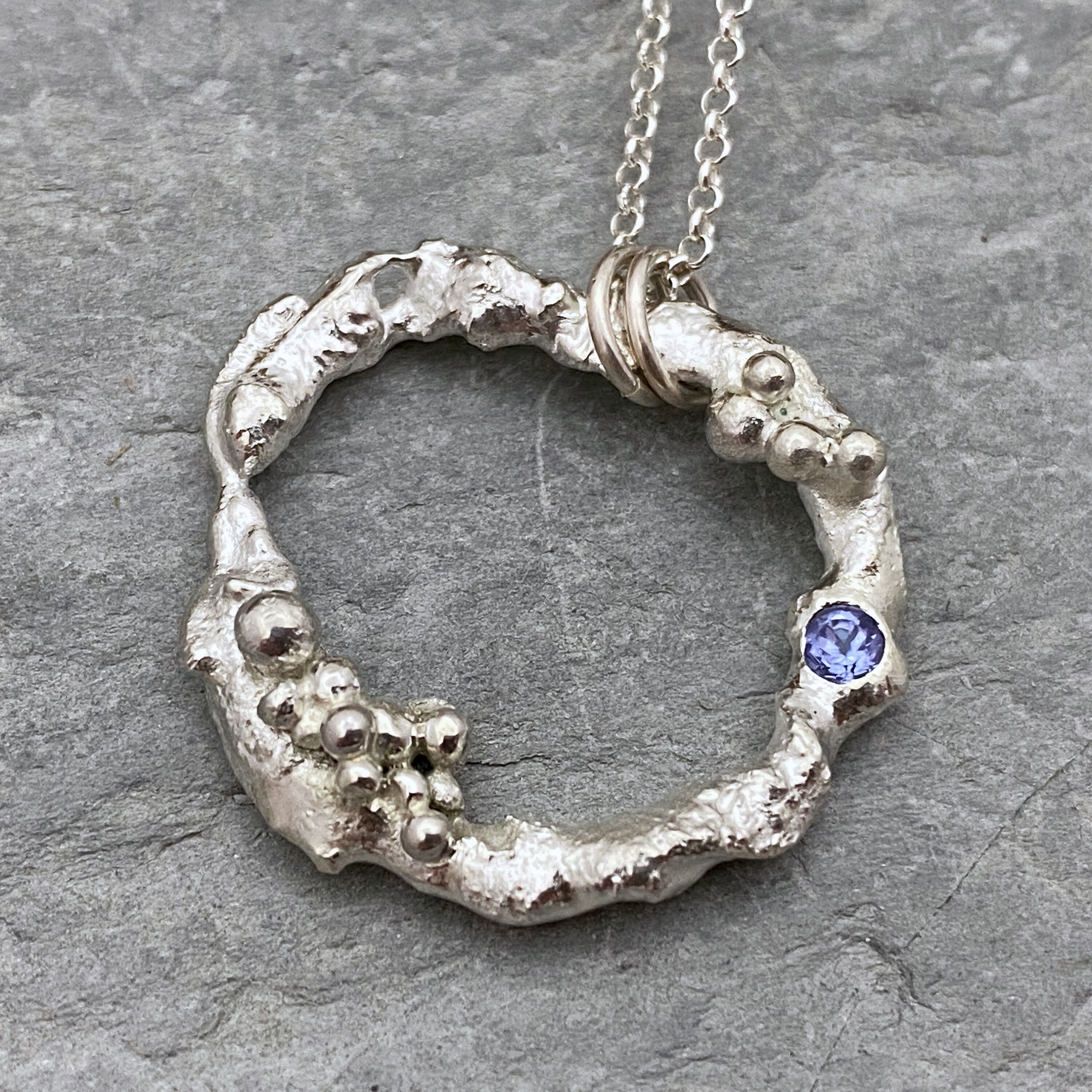 Molten Silver Circle Necklace Set With Tanzanite Gemstone, Organic Pendant