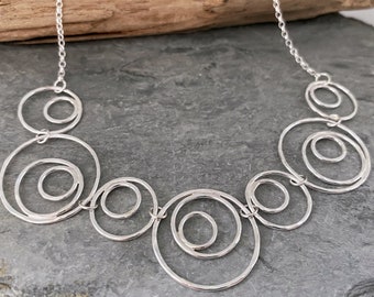 Silver statement necklace, handmade solid silver bib necklace, circle links and silver chain necklace, unusual necklace design