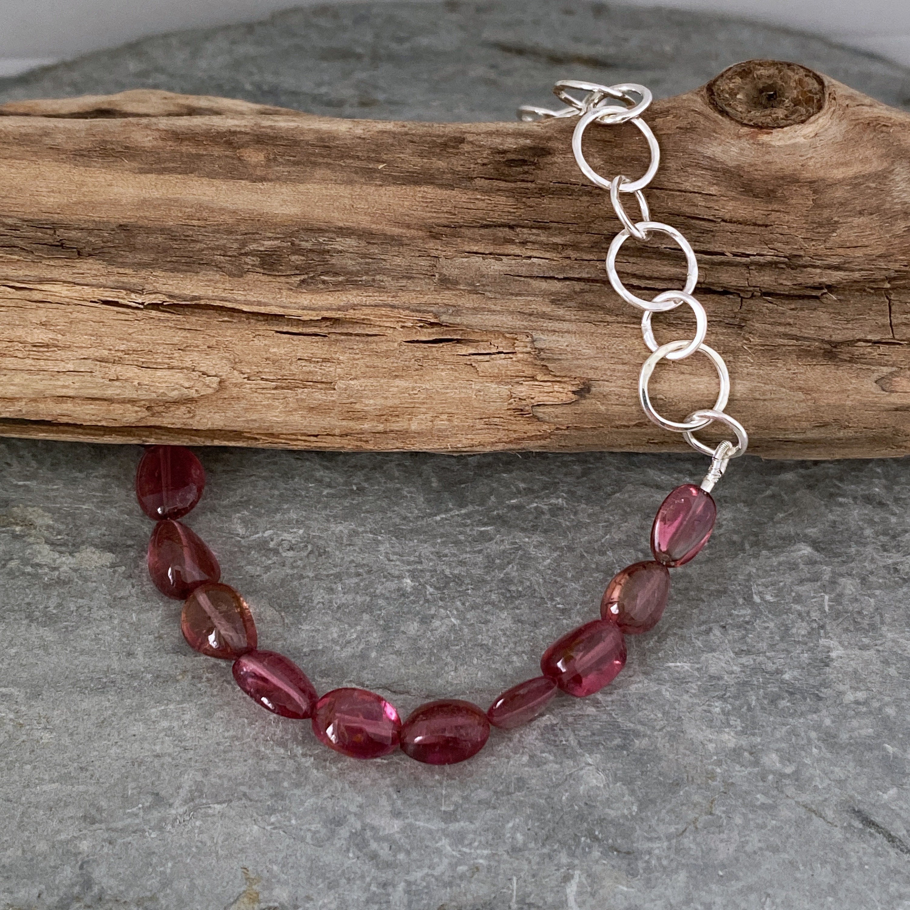 Pink Tourmaline Bead & Silver Chain Bracelet, Round Links Handmade Rubelite Unique Jewellery