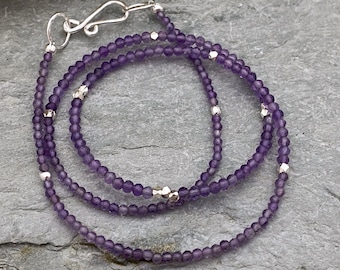 Amethyst necklace with silver beads, Tiny sparkly purple Amethyst and silver delicate necklace. February birthstone necklace