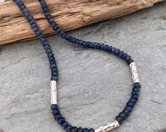 Blue sapphire necklace with handmade silver beads. Unique sapphire and silver necklace, One of a kind silver bead necklace.