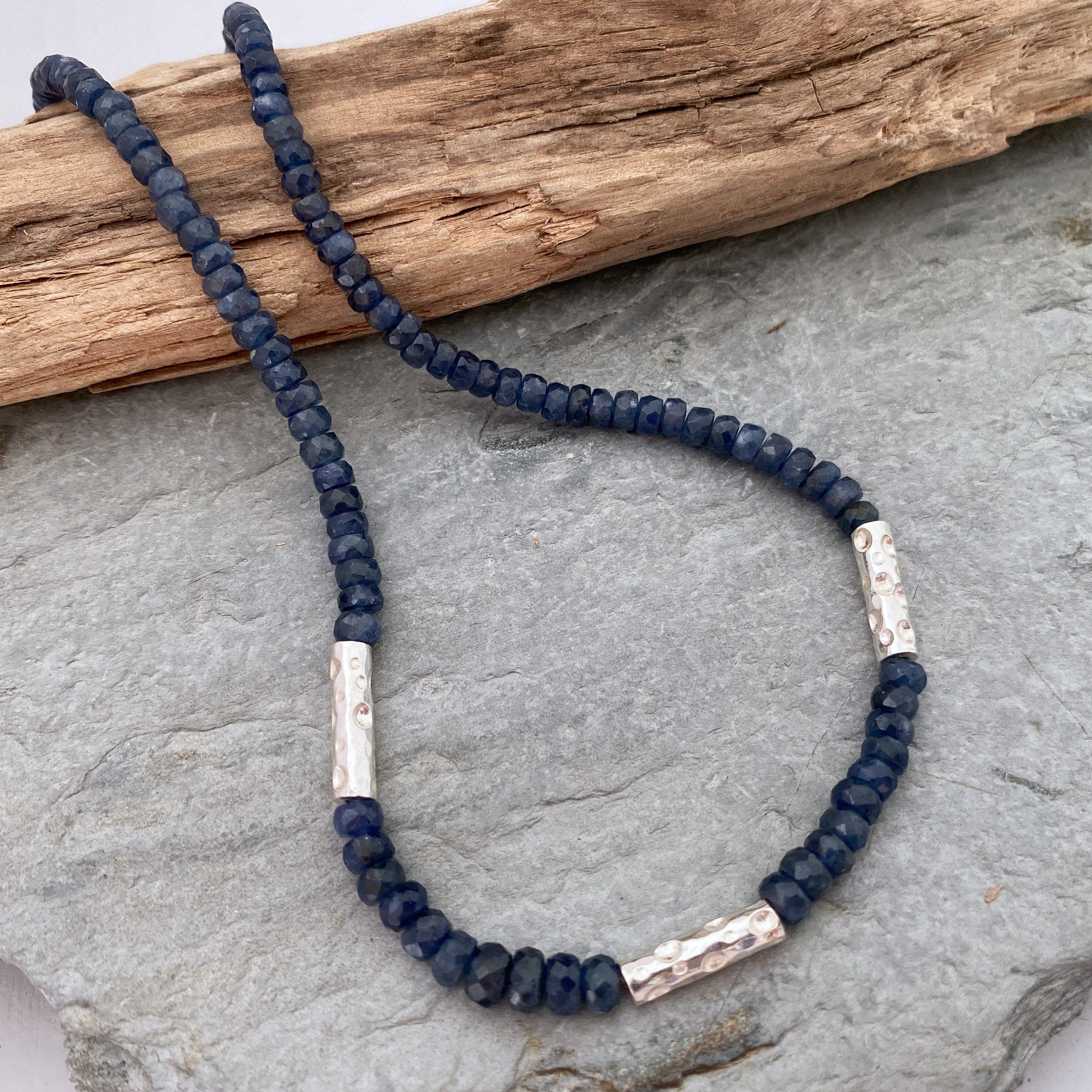 Blue Sapphire Necklace With Handmade Silver Beads. Unique & Necklace, One Of A Kind Bead Necklace
