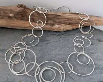 Hammered silver chain necklace with round links, with eccentric circles inside, unique handmade silver chain necklace.