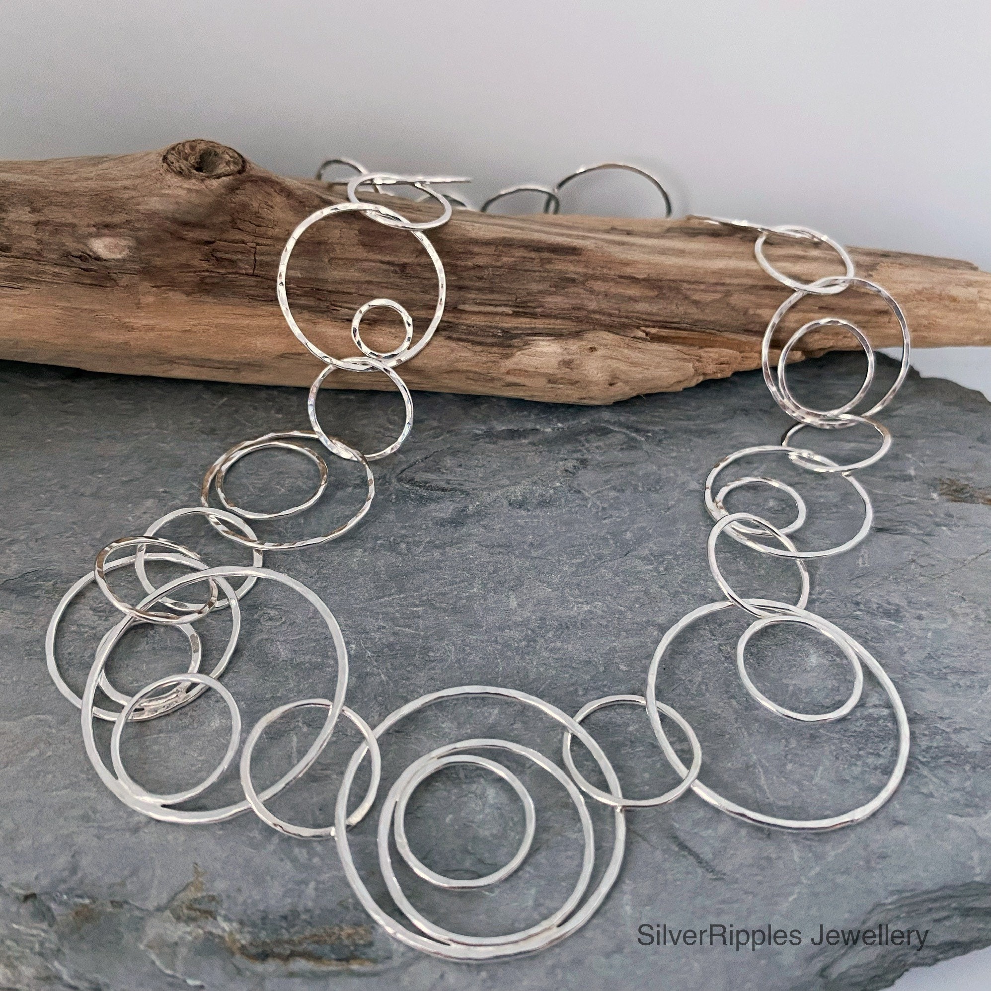 Hammered Silver Chain Necklace With Round Links, Eccentric Circles Inside, Unique Handmade Necklace