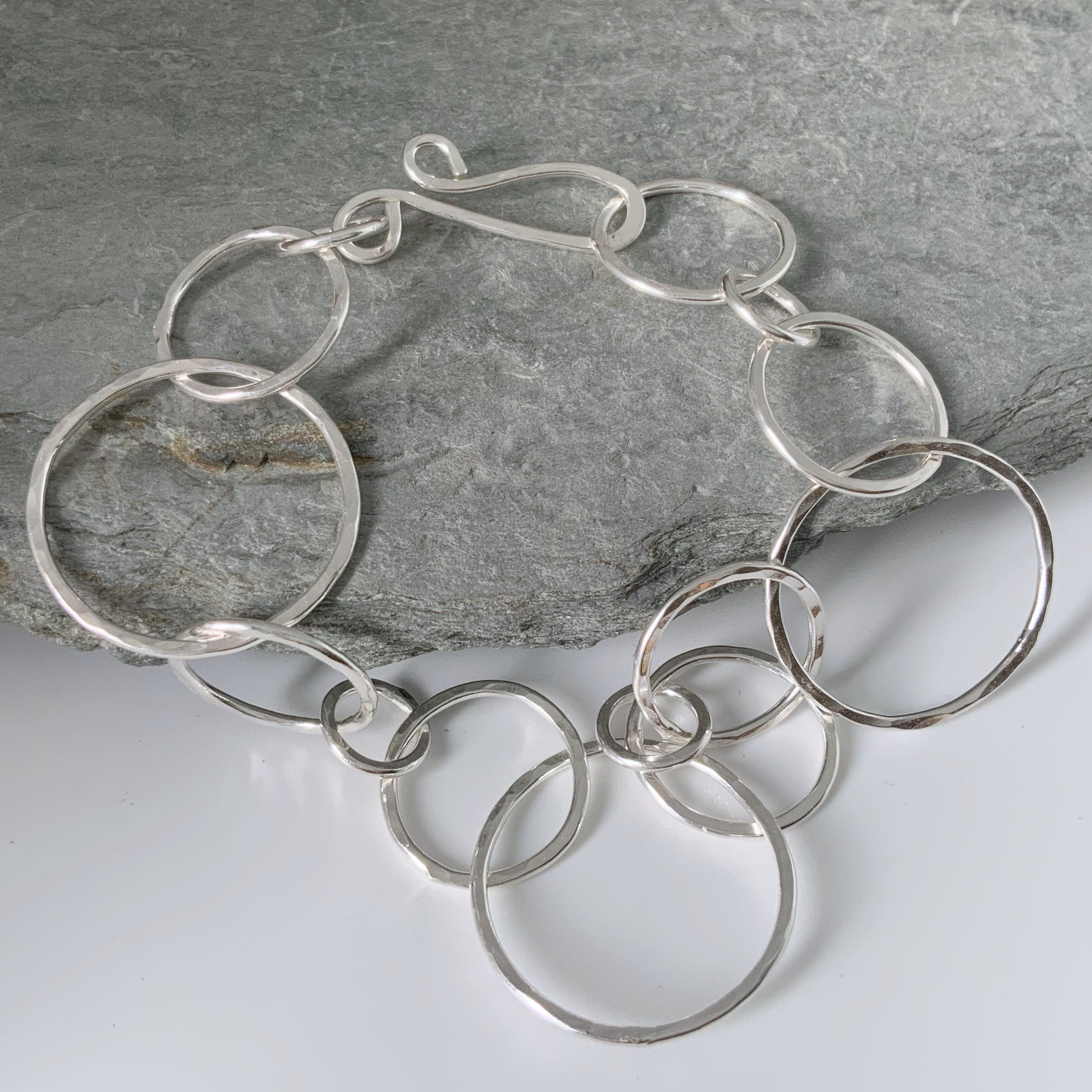 Silver Chain Bracelet, Handmade Round Links Bracelet With A Sparkly Hammered Finish, Chunky Silver Large Circle