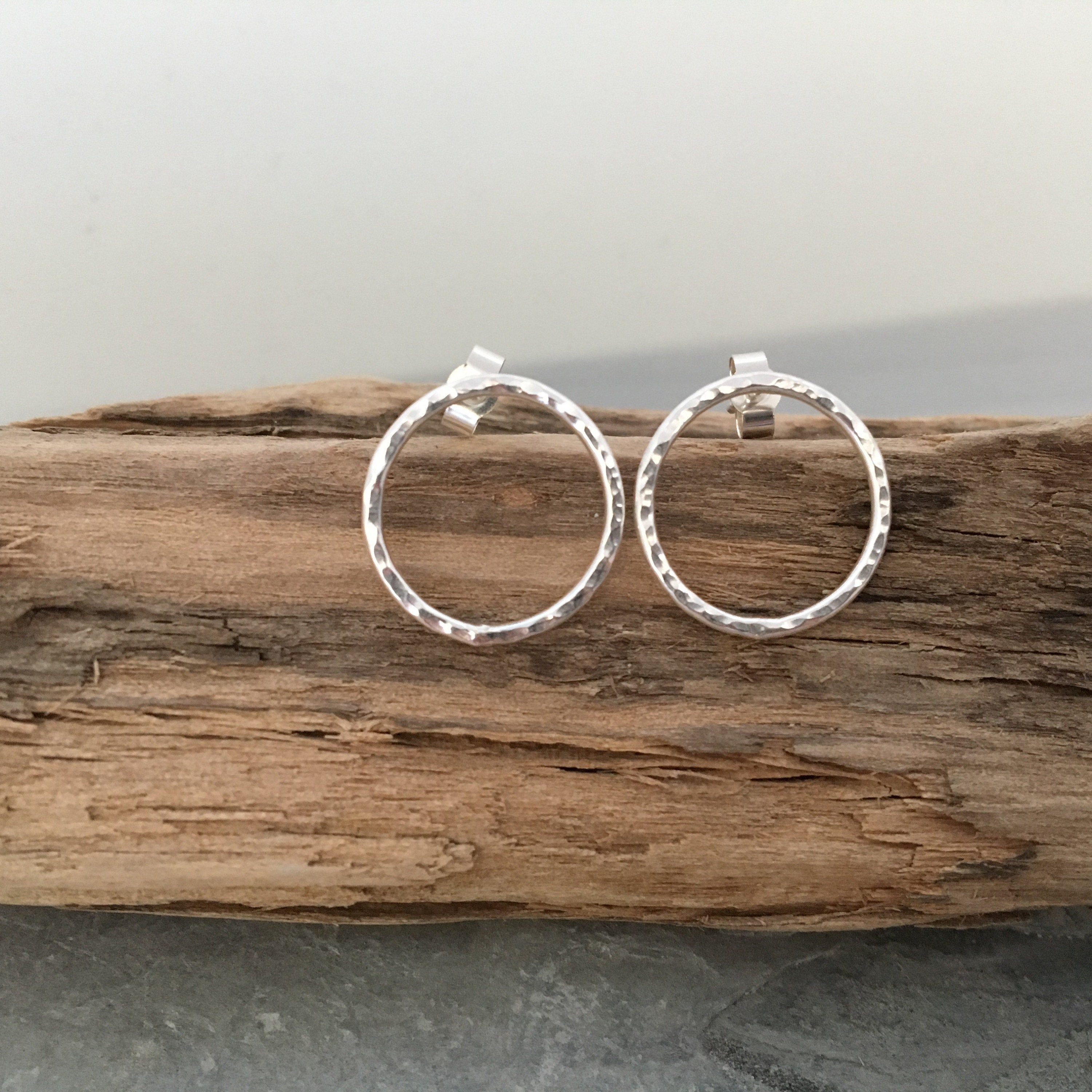 Open Circle Stud Earrings, Hammered Silver Hoop Round Earrings Handmade From Sterling