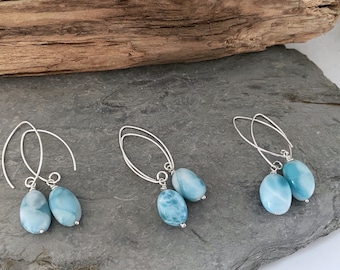 Long dangly earrings with turquoise Larimar gemstone drops, turquoise coloured gemstone earrings.