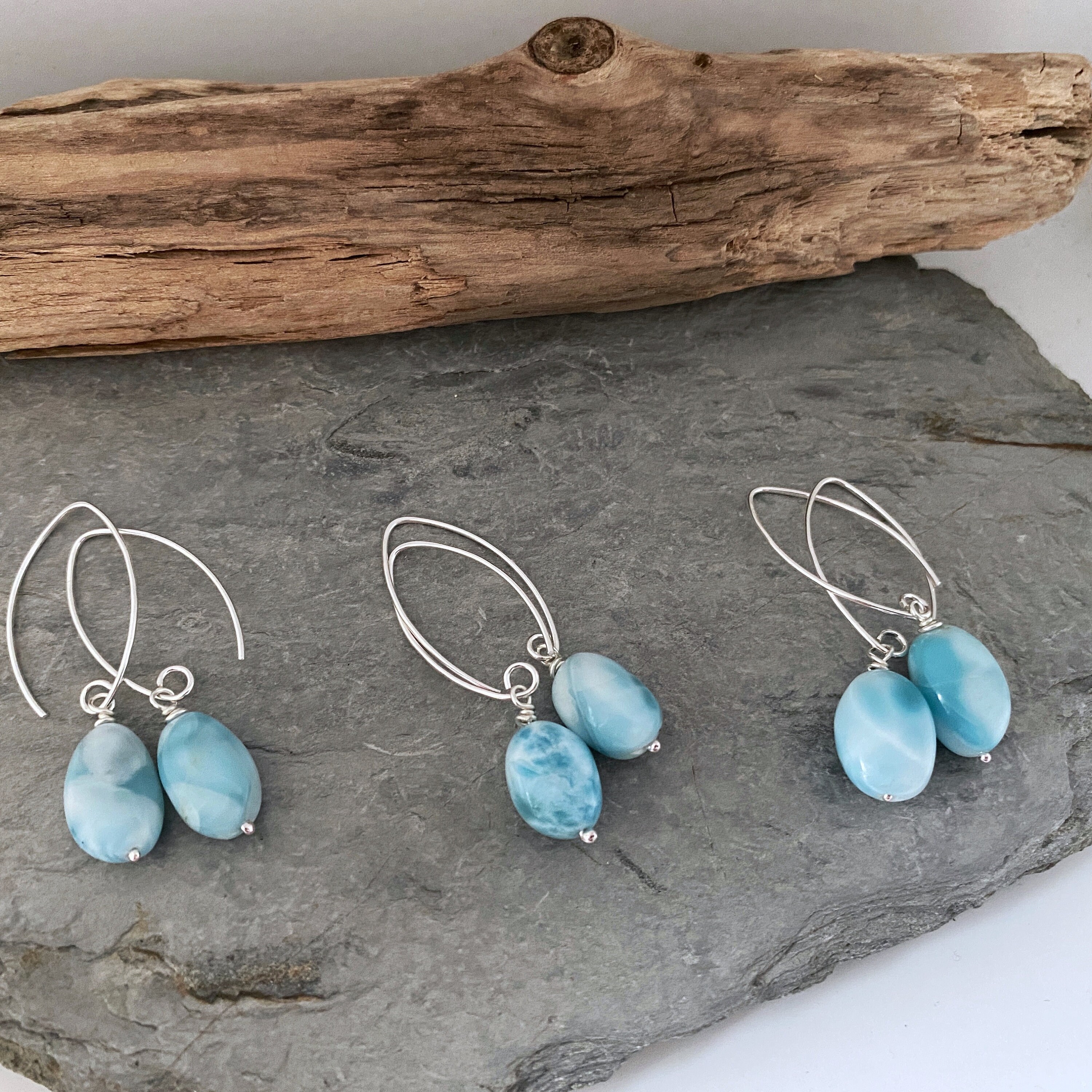 Long Dangly Earrings With Turquoise Larimar Gemstone Drops, Coloured Earrings