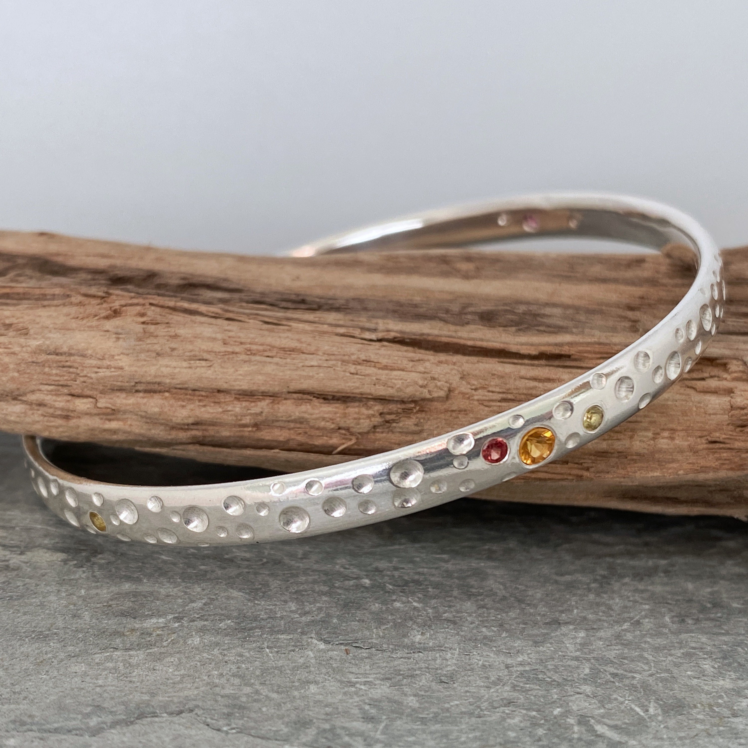 Solid Silver Bangle With Yellow & Orange Sapphire Stones, Hammered Bracelet, Textured Chunky Bangle