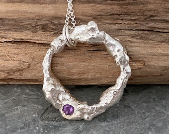 Molten silver necklace, organic silver ring pendant on a silver chain, recycled jewellery, purple amethyst necklace, one of a kind necklace