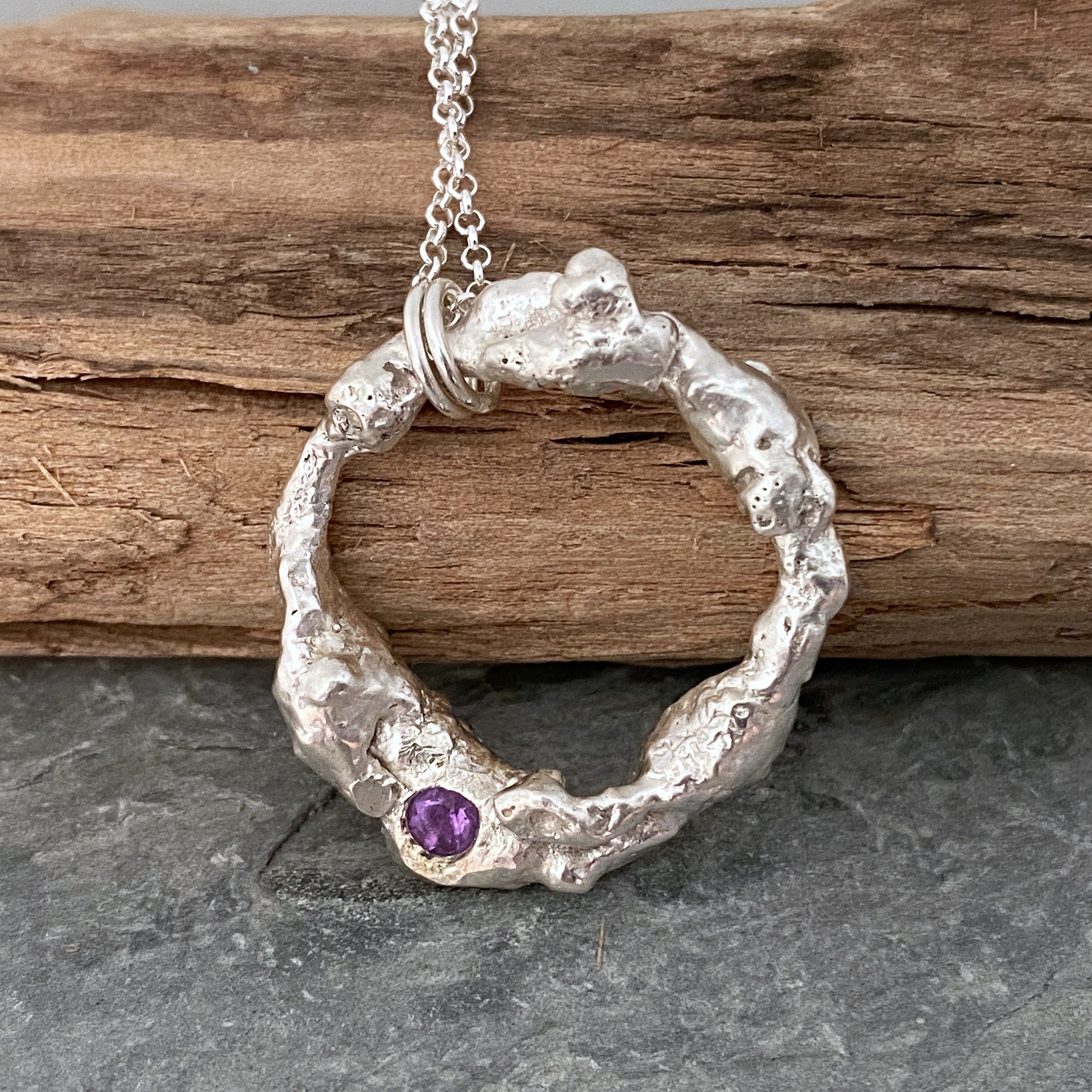 Molten Silver Necklace, Organic Ring Pendant On A Chain, Recycled Jewellery, Purple Amethyst One Of Kind Necklace