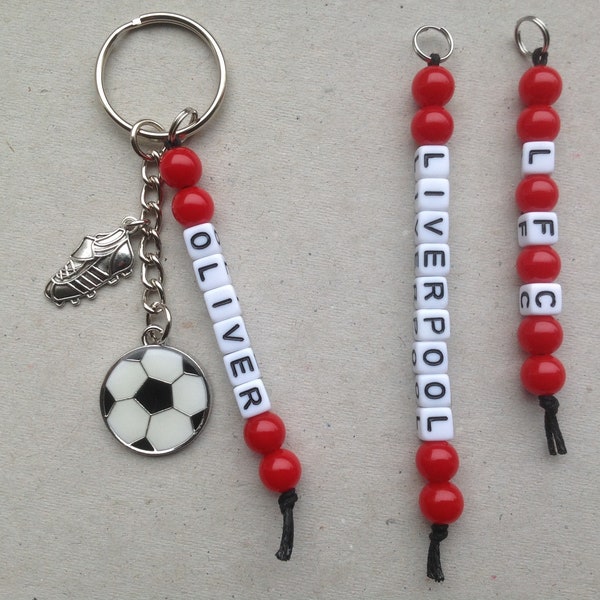 Personalised Any Name Football Keyring, Liverpool Colours, LFC, School Bag Charm, Birthday Gift, Football Fan, Stocking Filler, Gift Pouch.