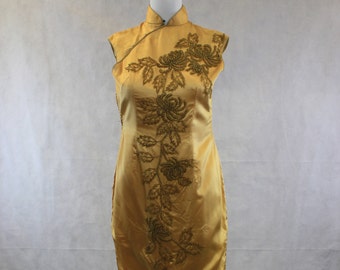 Gold Cheongsam Beaded Dress with Side Slits Extra Extra Small 1960 Chinese Dress Silk Satin Wiggle Dress Gown Evening Formal Hand Beaded