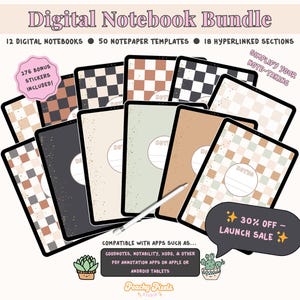 May include: Digital notebook bundle featuring 12 digital notebooks with various patterned covers. Includes 50 notepaper templates and 18 hyperlinked sections. The image also shows a stylus and text that says "Simplify your note-taking". Includes 276 bonus stickers.