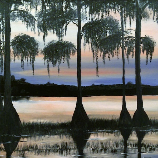 Silhouettes on Melrose Bay / Handcrafted Wood Framed Painting / Florida Sunset Lake Art