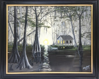 Fishing Shack in a Florida Swamp Framed Original Oil Painting