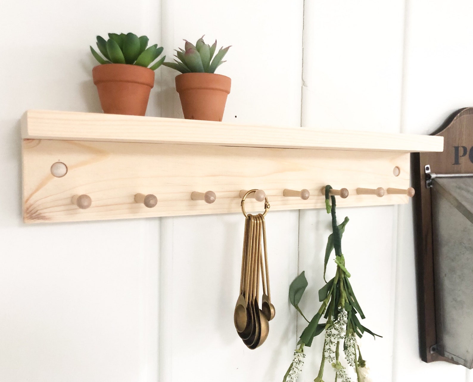 Shelf With Hooks Key Ring Rack Kitchen Decor Wooden Peg Etsy