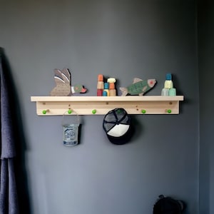 Shelf with hooks and ledge | Shelf for kids room | Playroom decor | Wooden peg rail | coat rack | nursery decor | colorful | shaker peg