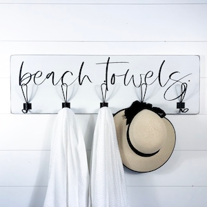 Beach towels sign | towel hooks | pool sign | decor | patio outdoor sign | rustic wood sign | housewarming gift