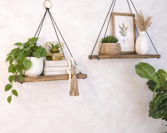 Rustic Hanging Rope Shelf: Pine Wood Plant Shelf