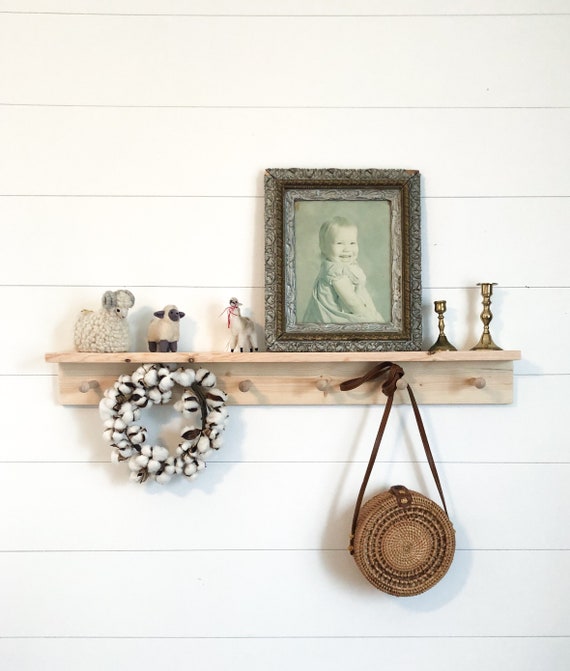 Wooden Peg Shelf With Hooks: Entryway Coat Rack, Nursery Decor