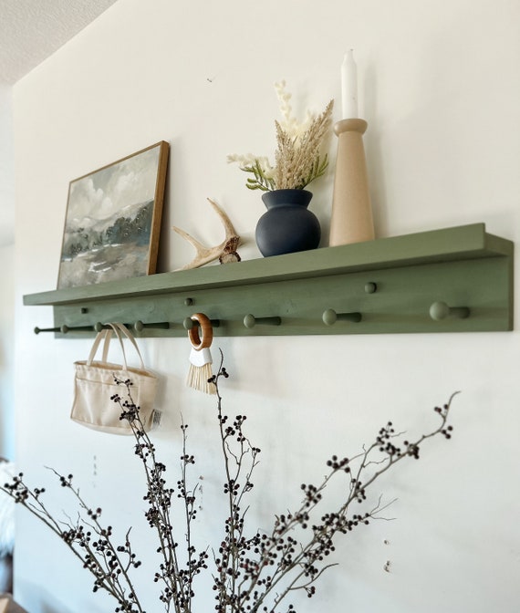 Shelf With Hooks and Ledge Shelf for Pictures Kitchen Decor Wooden Peg Rail  Coat Rack Entryway Decor Minimalist Shaker Peg 