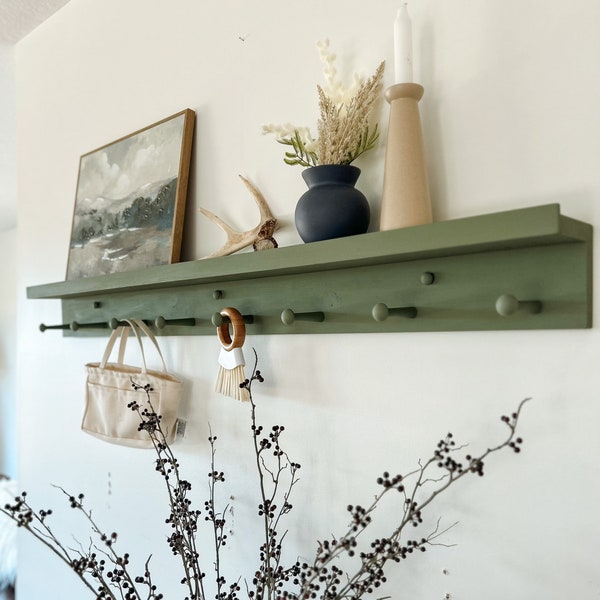Shelf with hooks and ledge | shelf for pictures | Kitchen decor | Wooden peg rail | coat rack | entryway decor | minimalist | shaker peg