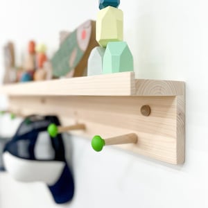 Shelf with hooks and ledge | Shelf for kids room | Playroom decor | Wooden peg rail | coat rack | nursery decor | colorful | shaker peg