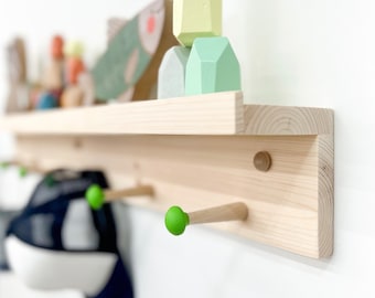 Shelf with hooks and ledge | Shelf for kids room | Playroom decor | Wooden peg rail | coat rack | nursery decor | colorful | shaker peg