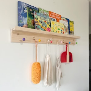 Shelf with hooks and ledge | Shelf for kids room | Playroom decor | Wooden peg rail | coat rack | nursery decor | colorful | shaker peg