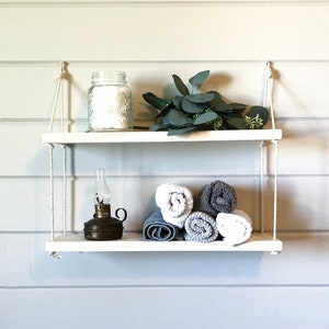 Bathroom shelf, bathroom decor, floating shelf, hanging shelves, rope shelf, wood home decor