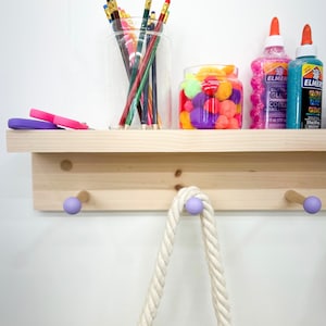 Shelf with hooks and ledge | Shelf for kids room | Playroom decor | Wooden peg rail | coat rack | nursery decor | colorful | shaker peg
