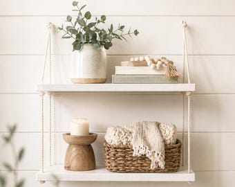 Hangplank met touw: zwevende houten plank, badkamerdecor