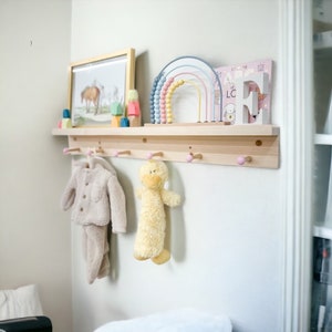 Shelf with hooks and ledge | Shelf for kids room | Playroom decor | Wooden peg rail | coat rack | nursery decor | colorful | shaker peg
